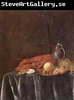 Pieter Gijsels Still life of a lemon,hazelnuts and a crab on a pewter dish,together with a lobster,oysters two wine-glasses,green grapes and a stoneware flagon,all u